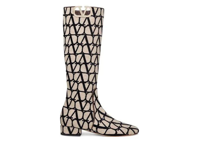 Valentino V’Logo Type Toile Iconographe Boots Beige Black (2W2S0FT9EBH6ZN)