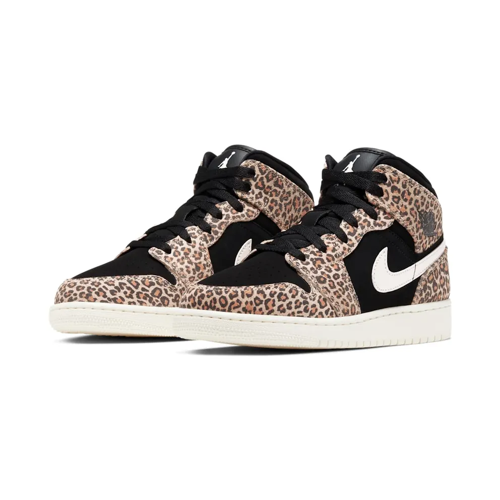 Jordan 1 Mid SE Leopard (GS) Black/Pale Ivory-Desert Ore (BQ6931-021)