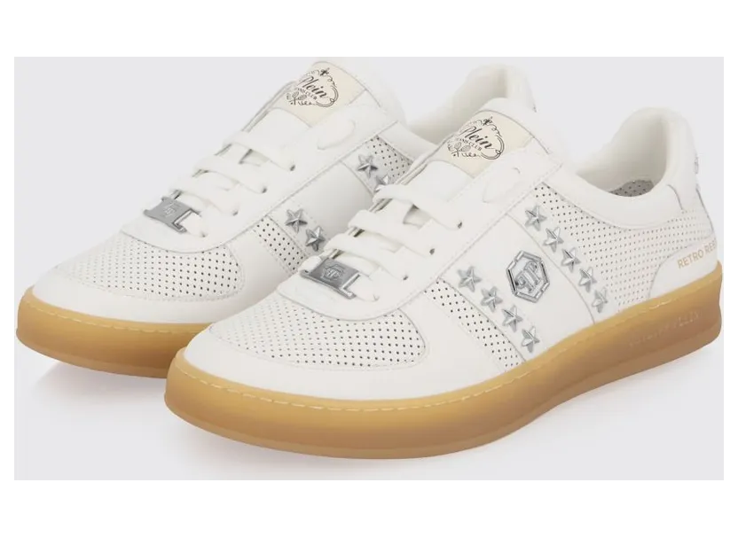 Philipp plein Retro Rebel Perforated Leather Sneakers with Applied Stars White (PAFSUSC0947PLE005N01)