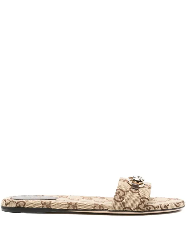 Gucci Horsebit Slide Sandal Beige Dark Brown GG Canvas