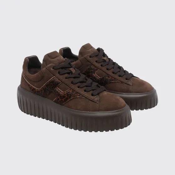 Hogan H-Stripes Platform Sneakers in Leather and Pony Hair with Animal Print Brown (HXW6450FE9AVH80R1D)