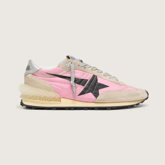 Golden Goose Marathon In Pink Nylon And Beige Suede With Black Printed Star (GWF00684.F006720.25751)