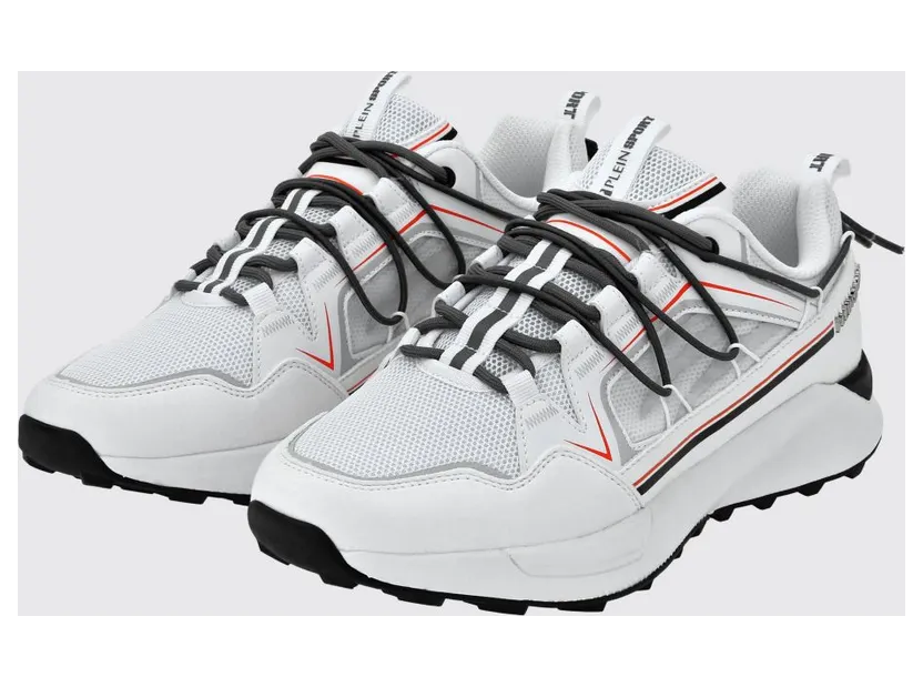 Plein Sport Striped Mesh Low-Top Sneakers with Drawstring Closure and Logo White (UADSUSC0607STE003N01)