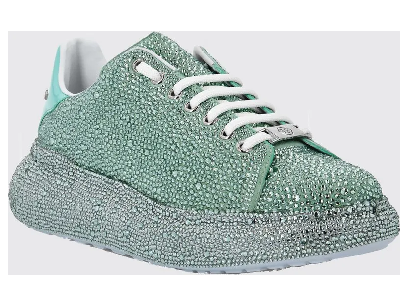 Philipp plein Leather Platform Sneakers with Embroidered Details and Rhinestones Green (PAASWSC2082PCO058N05)