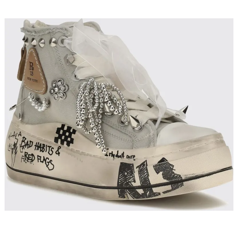 R13 Kurt Bicolor Canvas High-Top Platform Sneakers with Back Zip White (R13S5029S269W)