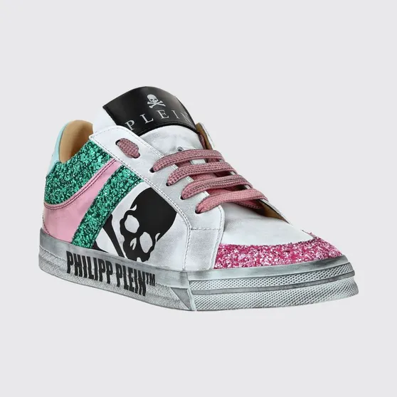 Philipp plein Skull Sneakers in Leather and Glitter Fabric with Worn-Out Effect Turquoise (PABSWSC2589PLE010N22)