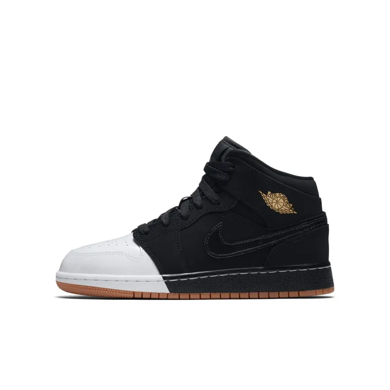 Jordan 1 Mid Black White Gold (GS) Black/Metallic Gold-White (555112-021)