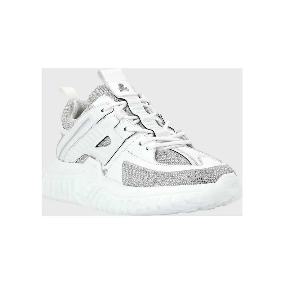 Philipp plein Leather Low-Top Sneakers with Rhinestones and Hexagon Logo White (PACSUSC0463PLE075N01)