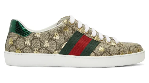 Gucci Beige and Brown GG Supreme Bees Ace Sneakers (548950 9N020)