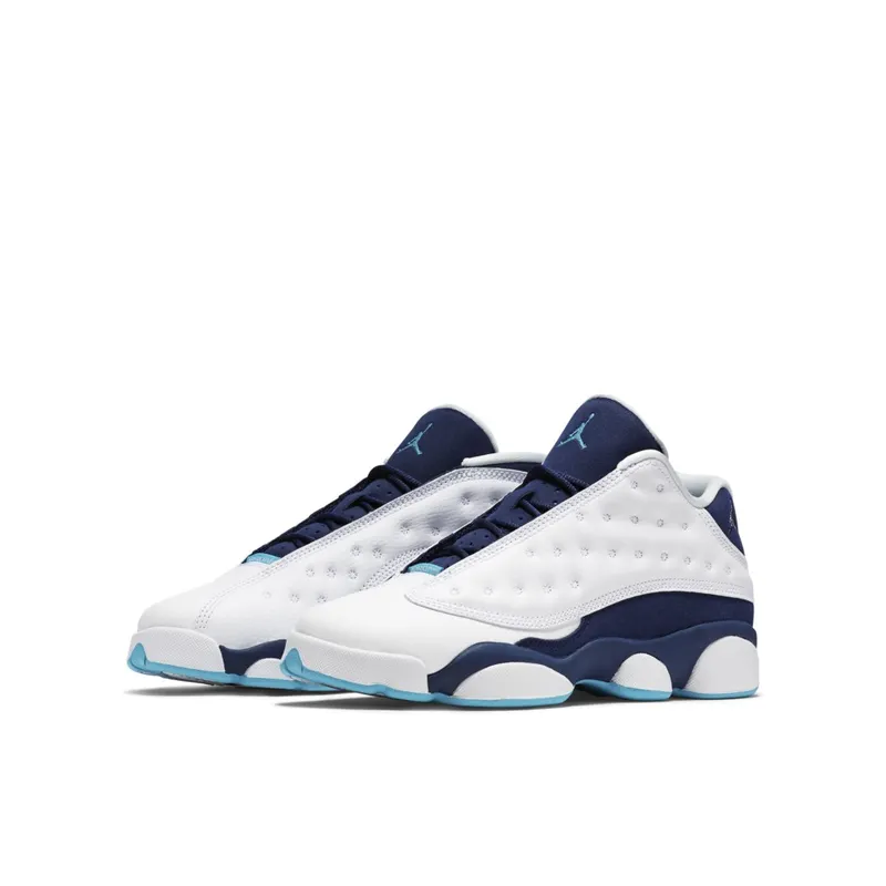 Jordan 13 Retro Low Hornets (GS) White/Metallic Silver-Midnight Navy-Turquoise Blue (310811-107)