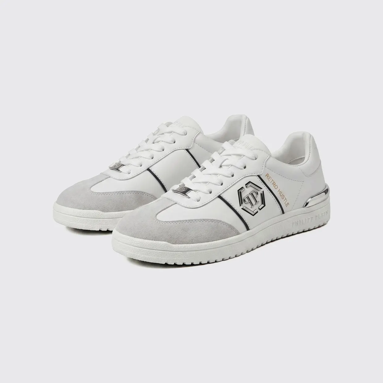 Philipp plein Retro Hustle Leather Sneakers with Hexagon Logo White (AAFSUSC1062PLE022N01)