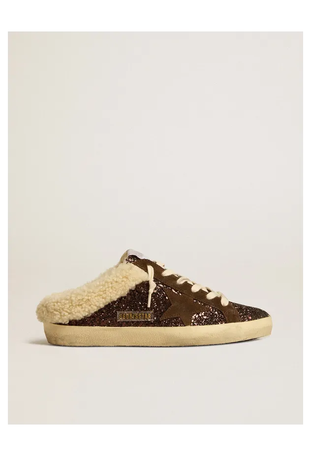 Golden Goose Super-Star Sabots In Glitter With Brown Star And Shearling Lining (GWF00110.F005132.55499)