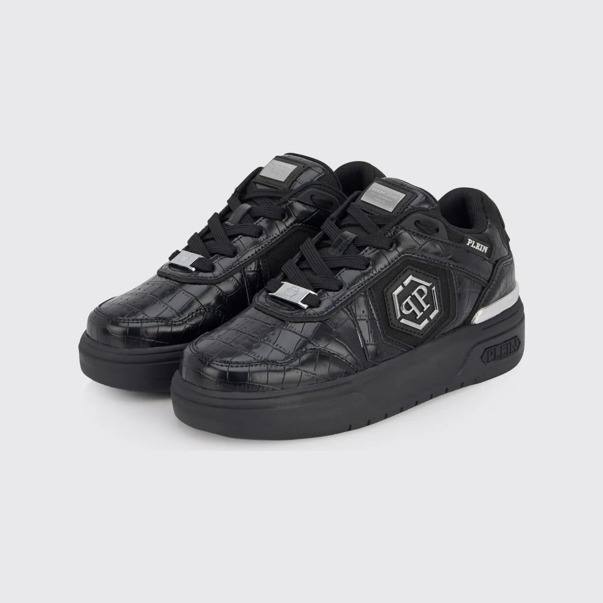 Philipp plein SK8R Low-Top Sneakers in Leather and Mesh with Croc Print and Hexagon Logo Black (PAFSUSC0962PTE003N0202)
