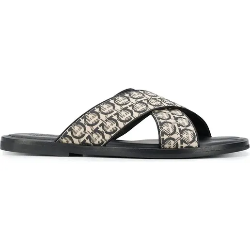 Ferragamo Gancini Printed Pool Slides Beige Black (02C320729628)