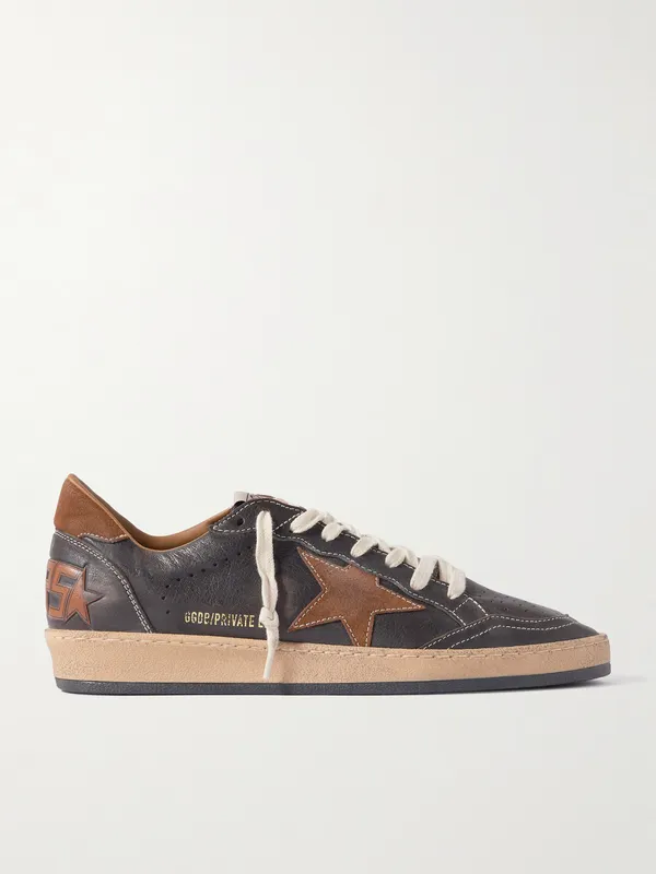 Golden Goose Ball Star Distressed Suede-Trimmed Leather Sneakers Dark brown (GMF00117.F008232)
