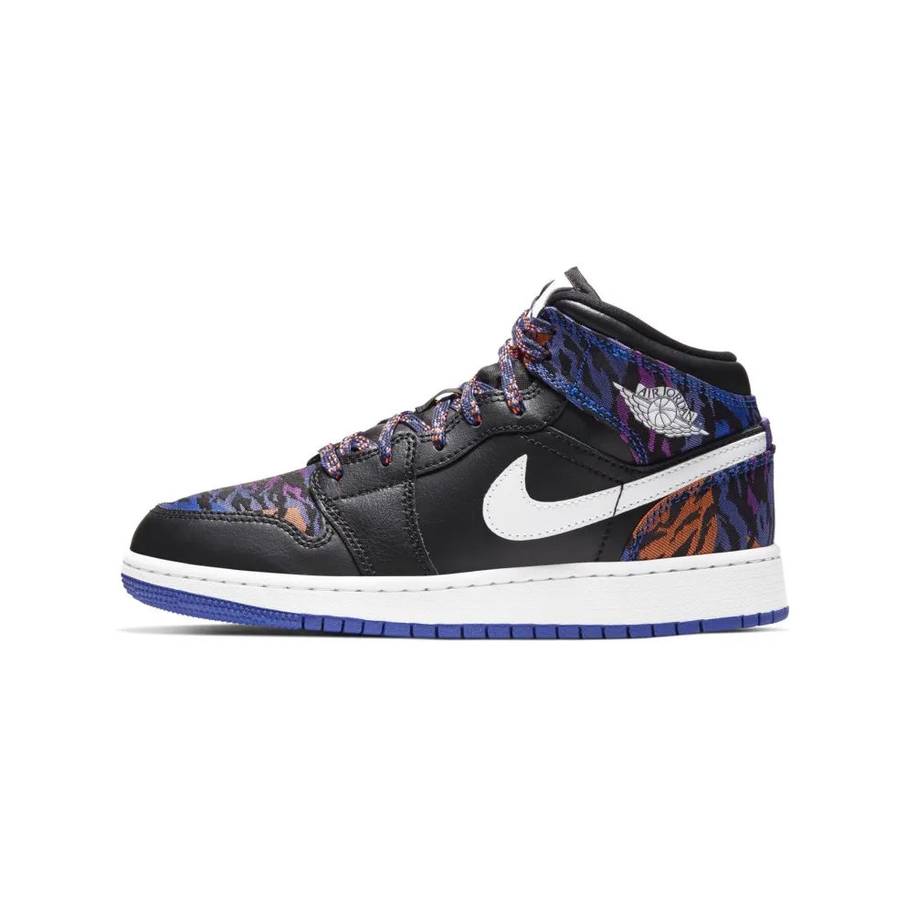 Jordan 1 Mid Multi-Color Tiger Stripe (GS) Black/White-Rush Violet-Black (AV5174-005)