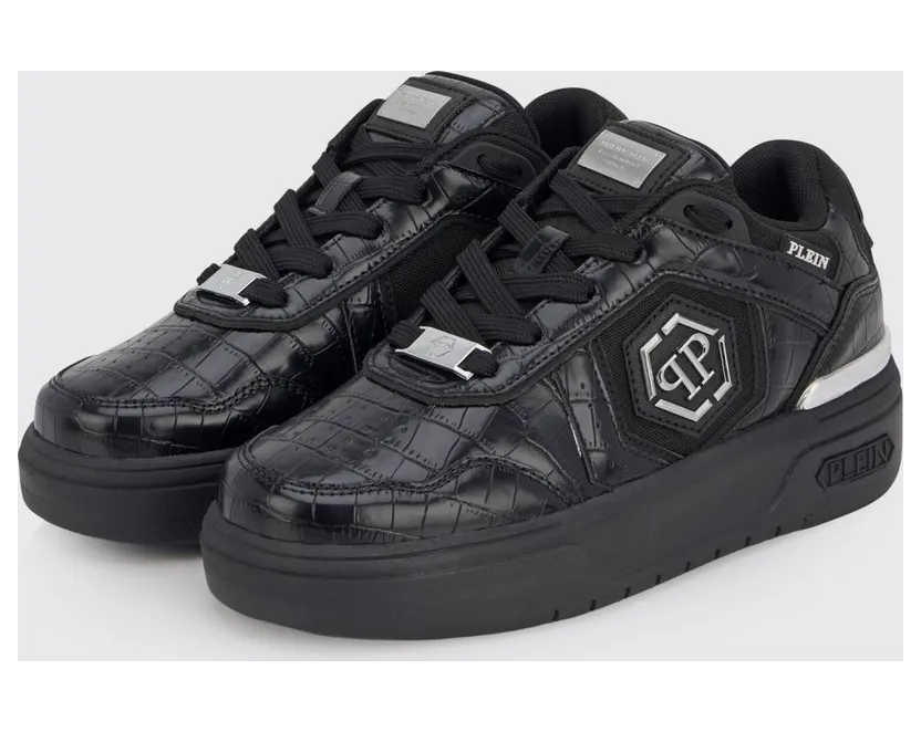 Philipp plein SK8R Low-Top Sneakers in Leather and Mesh with Croc Print and Hexagon Logo Black (PAFSUSC0962PTE003N0202)