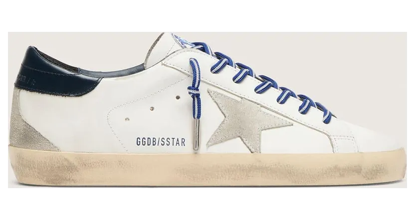 Golden Goose Super-Star Ltd In White Leather With Suede Star And Blue Leather Heel Tab (GMF00102.F008922.10270)