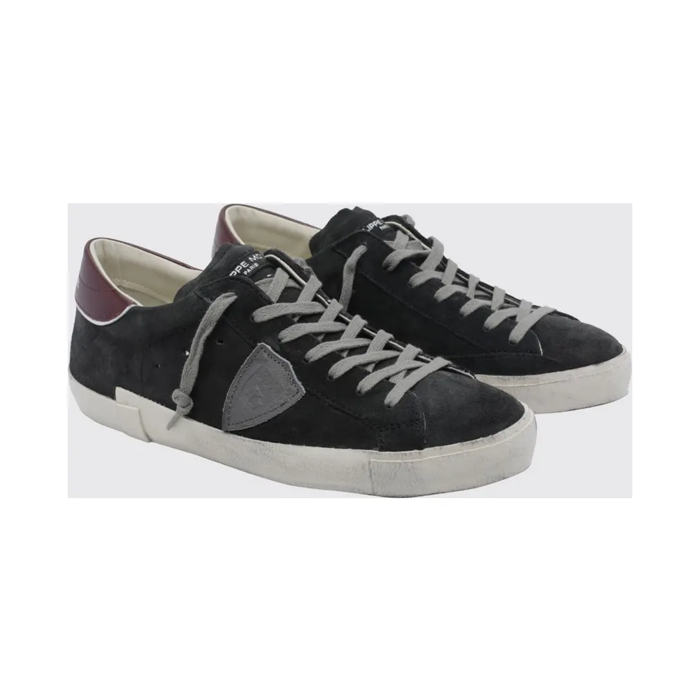 Philippe Model Paris Leather Low-Top Sneakers with Worn Effect and Shield Logo Black (PRLUXS26)