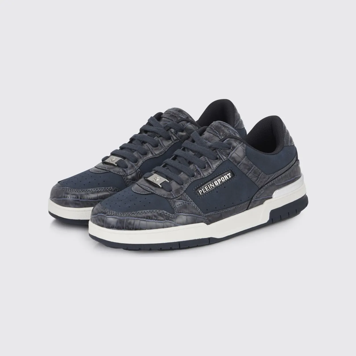 Plein Sport Suede And Crocodile Print Leather Sneakers Turquoise (FAESUSC0795STE003N08)