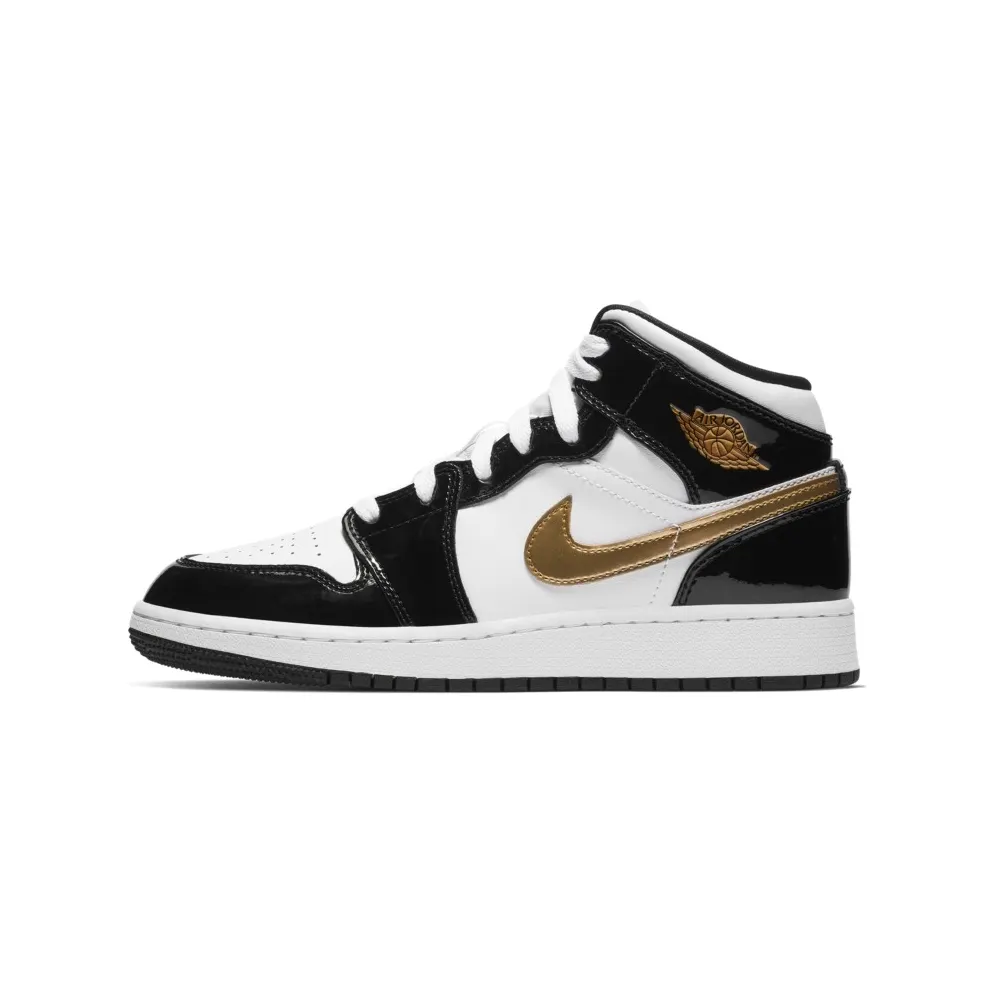 Jordan 1 Mid Patent Black White Gold (GS) Black/White-Metallic Gold (BQ6931-007)