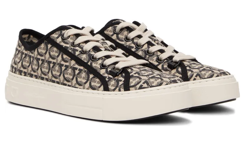 Salvatore Ferragamo Beige & Black Gancini Sneakers (706670 02B342001) (4)