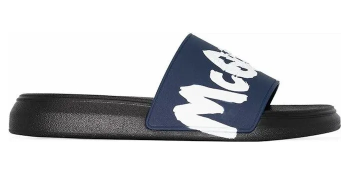 Alexander McQueen Pool Slide Graffiti Logo Black Blue White (682490W4QS34478)