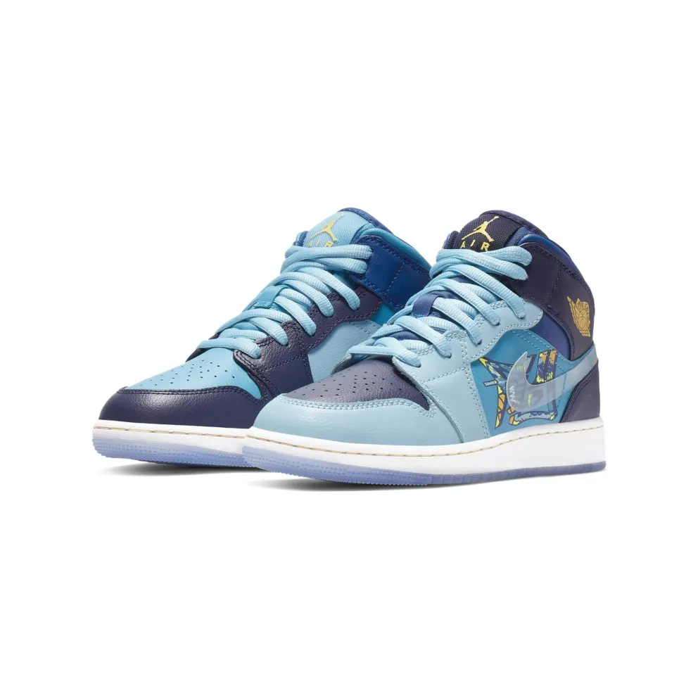 Jordan 1 Mid Fly (GS) Blue Void/Clear-Team Royal-Blue Lagoon-Blue Gaze-Off White (BV7446-400)