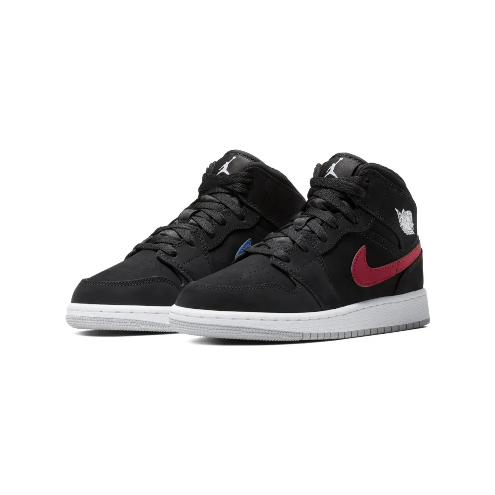 Jordan 1 Mid Multi-Color Swoosh Black (GS) Black/Varsity Red-Varsity Royal-White-Cement Grey (554725-065)