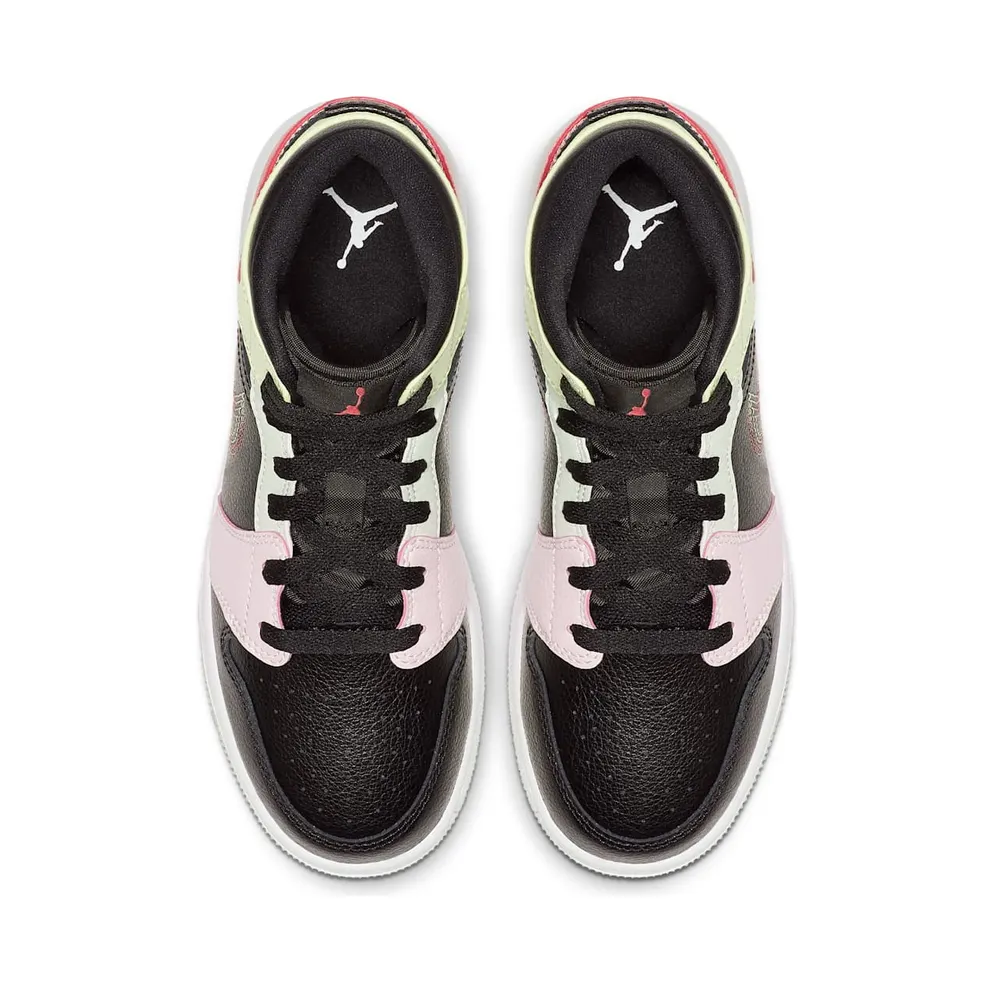 Jordan 1 Mid Glow-In-The-Dark (GS) Black/Ember Glow-Barely Volt-Light Soft Pink-Jade Aura (AV5174-076)