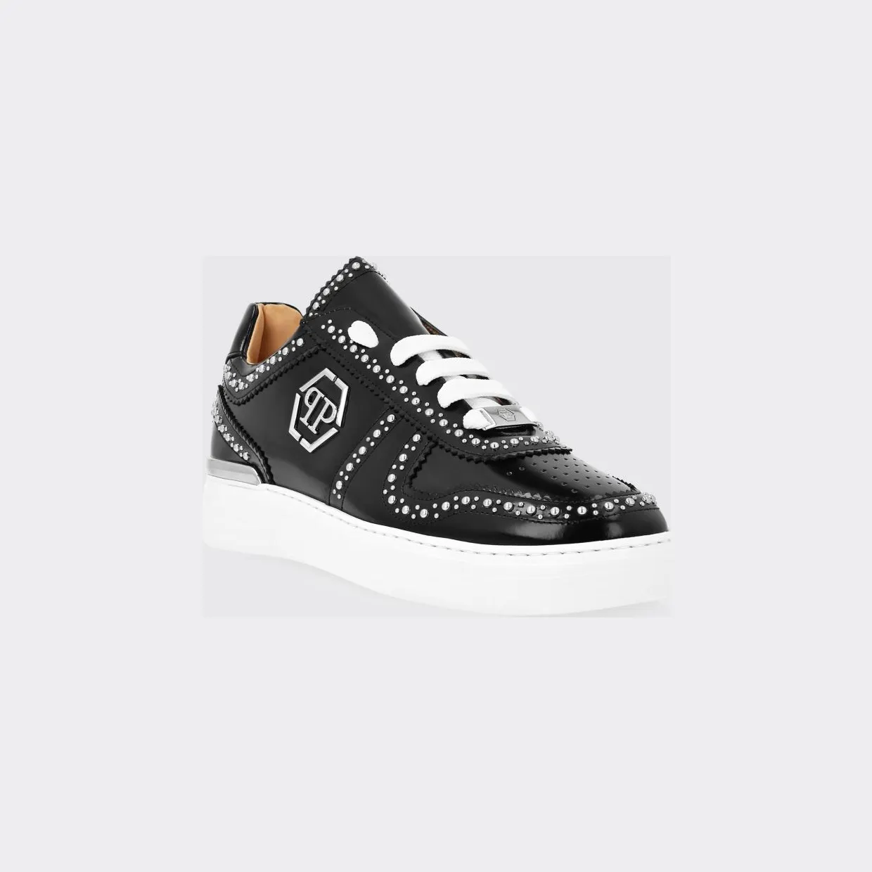 Philipp plein Brushed Leather Low-Top Sneakers with Embroidered Monogram Black (FADSMSC3980PLE010N02)