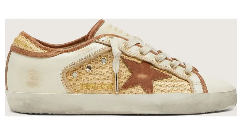 Golden Goose Women’S Super-Star In White Leather And Raffia With Brick-Red Star And Inserts (GWF00103.F008522.15958)