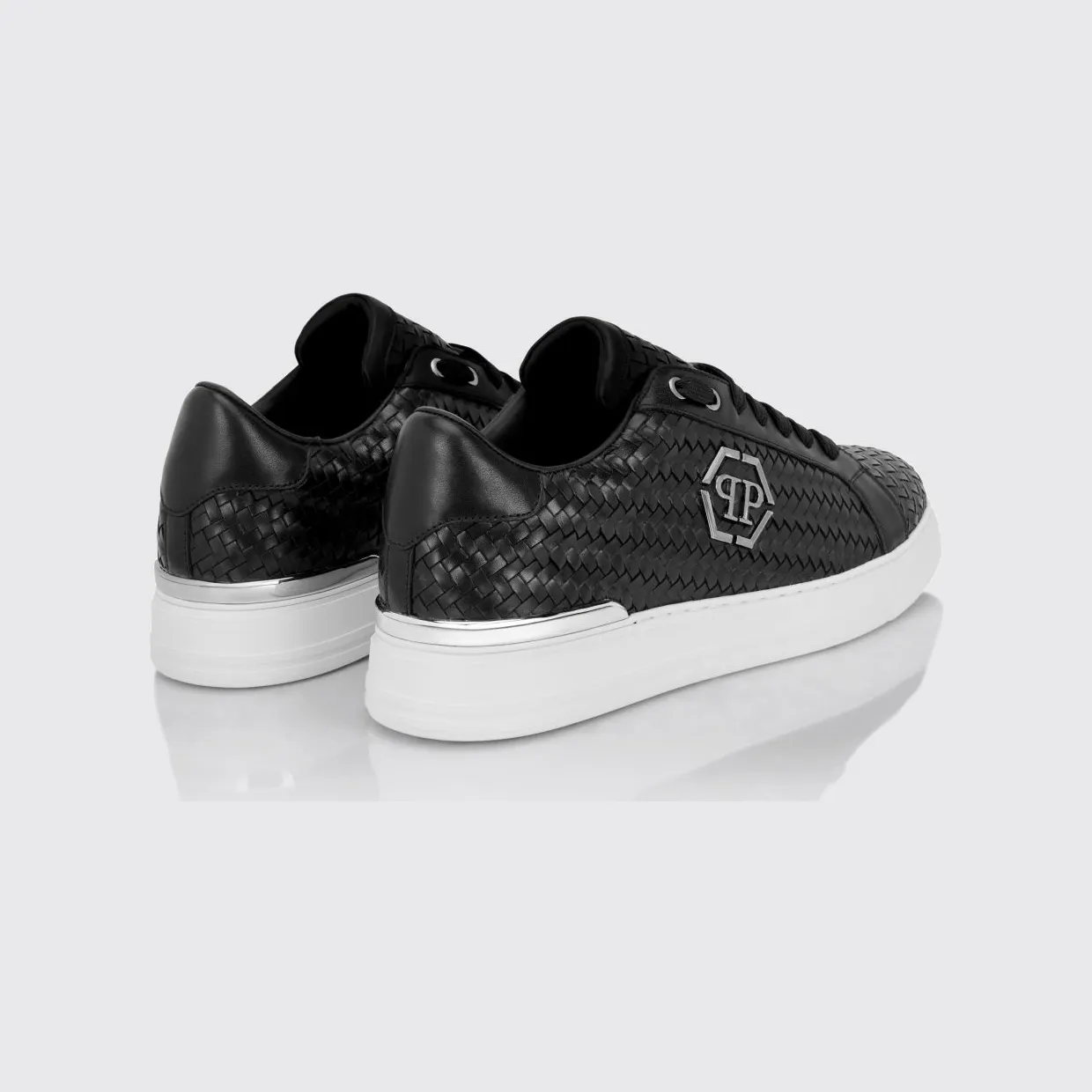 Philipp plein Woven Leather Low-Top Sneakers with Hexagon Logo Black (FAFSMSC4090PLE010N02) (2)