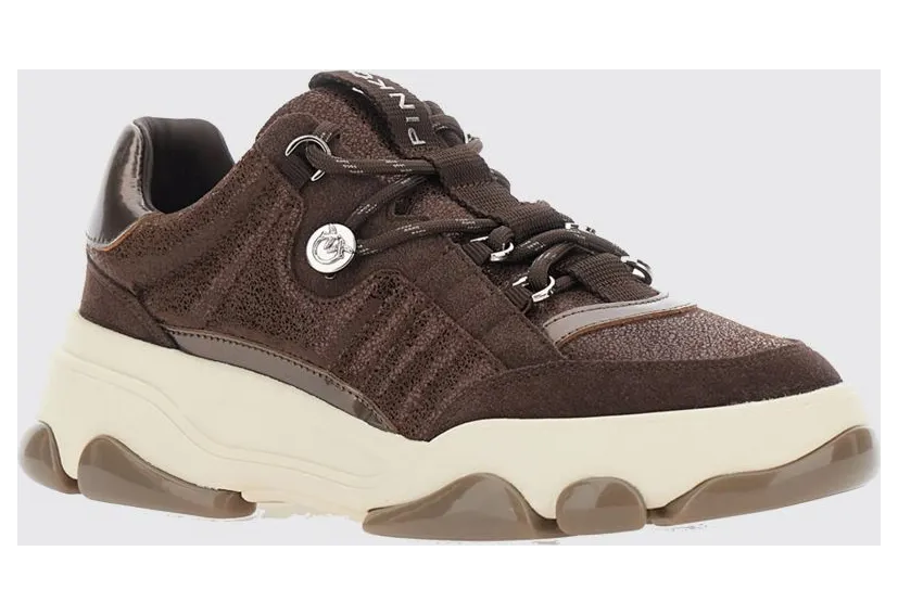 Pinko Low Top Leather and Suede Sneakers with Love Birds Metal Logo Brown (SS0195P002L72)