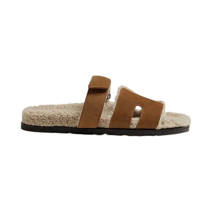 Hermes Chypre Sandal Brun Fume Suede Woolskin (M) (H222929Z)