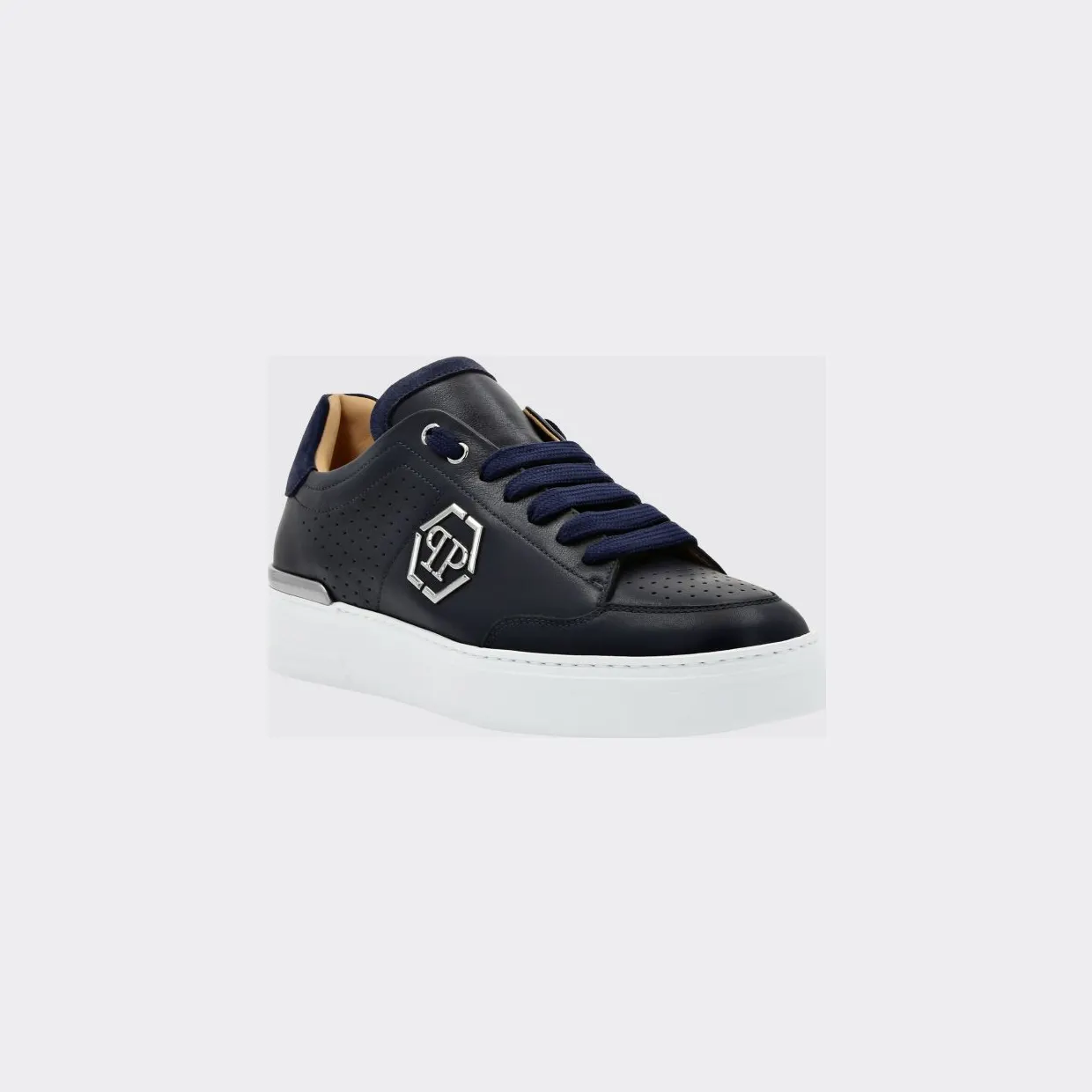 Philipp plein Leather Low-Top Sneakers with Monogram Pattern and Applied Hexagon Logo Blue (SADSUSC0538PLE022N14)
