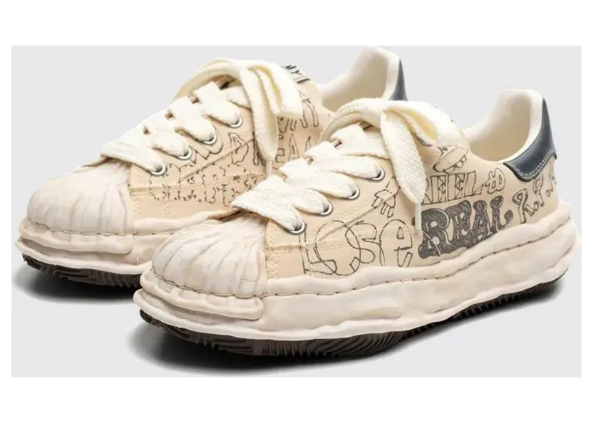 Maison Mihara Yasuhiro Blakey OG Used Effect Printed Cotton Canvas Sneakers White (A16FW730WHITE)