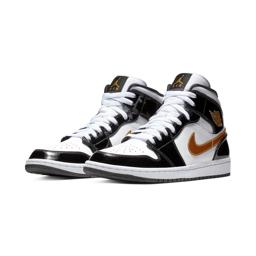 Air Jordan Nike AJ I 1 Mid Patent Black White Gold (852542-007)