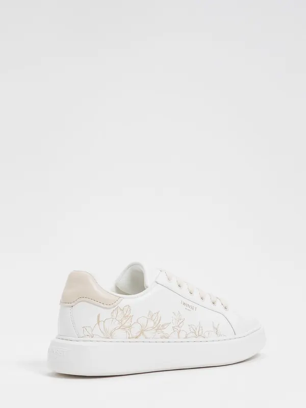 Twinset Low Top Smooth Leather Sneakers with Floral Details and Lettering Logo White (261TGT12413543)