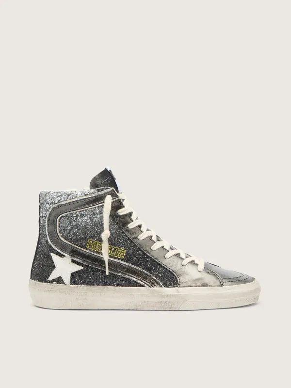 Golden Goose Slide In Black And Silver Glitter With Leather Star And Metallic Flash (GWF00115.F006619.60565)