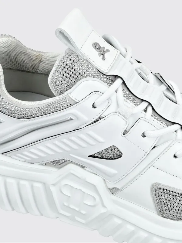 Philipp plein Leather Low-Top Sneakers with Rhinestones and Hexagon Logo White (PACSUSC0463PLE075N01) (2)