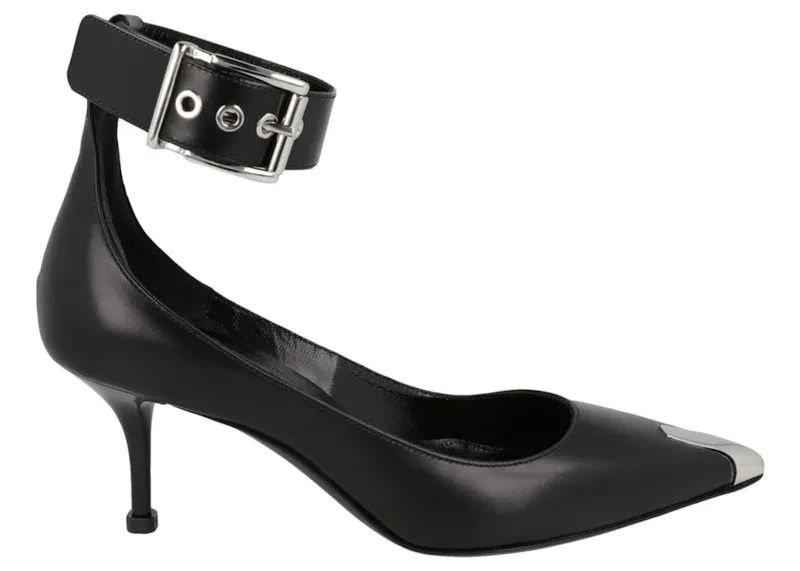 Alexander McQueen Buckle Leather Heels Black Silver (709995 WHSWD 1081)