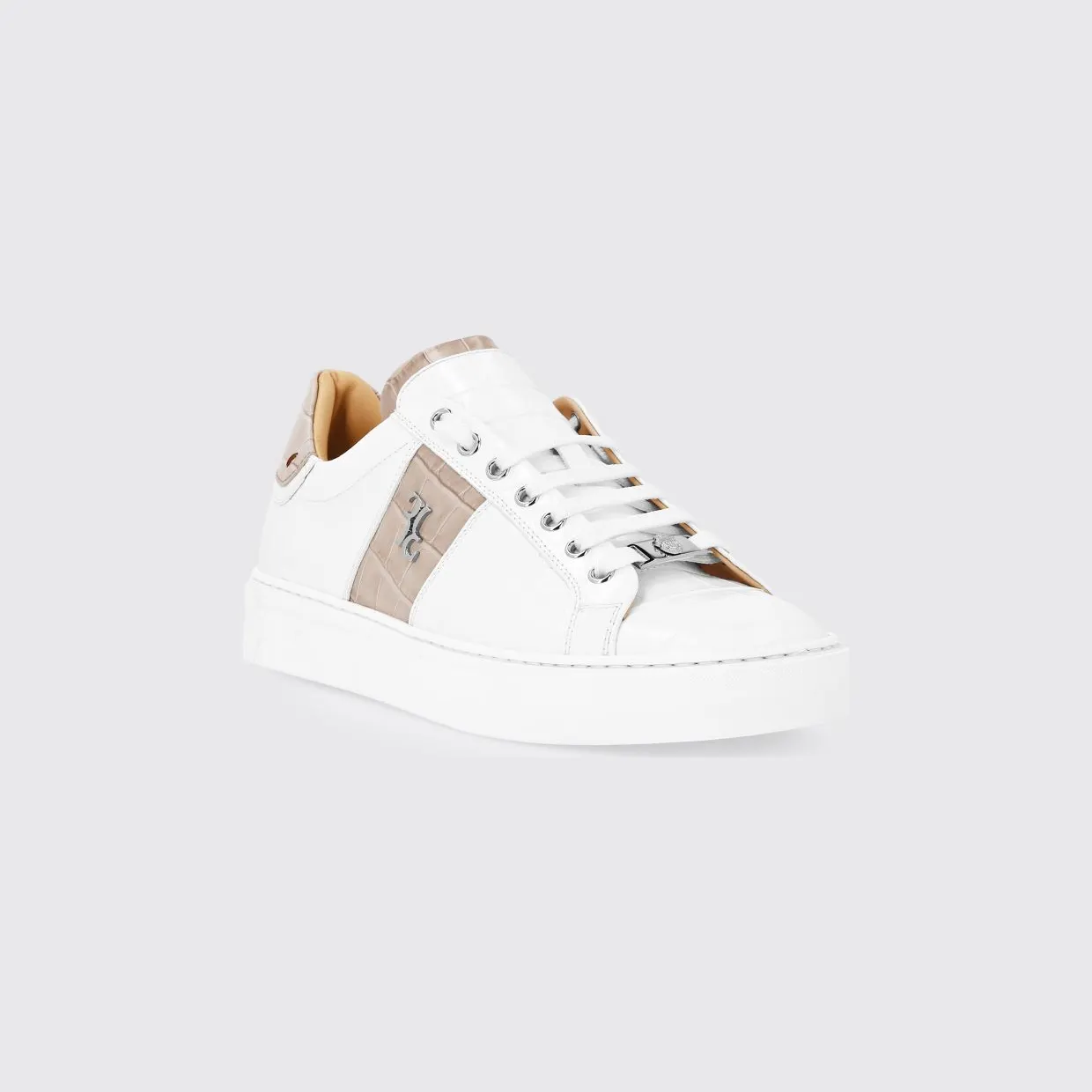 Billionaire Croc-Effect Leather Low-Top Trainers with Metallic Logo White 1 (RAESMSC4066BLE001N0106)
