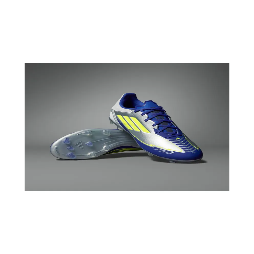 adidas F50 League Messi Firm/multi-ground Boots “Silver Metallic / Solar Yellow / Lucid Blue” (IH0918)