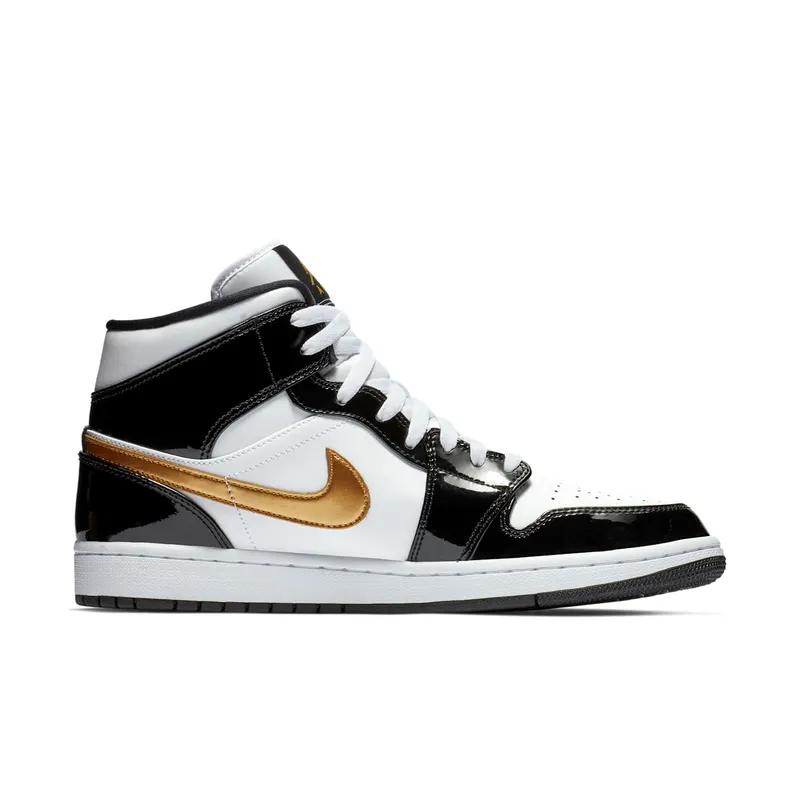 Air Jordan Nike AJ I 1 Mid Patent Black White Gold (852542-007)