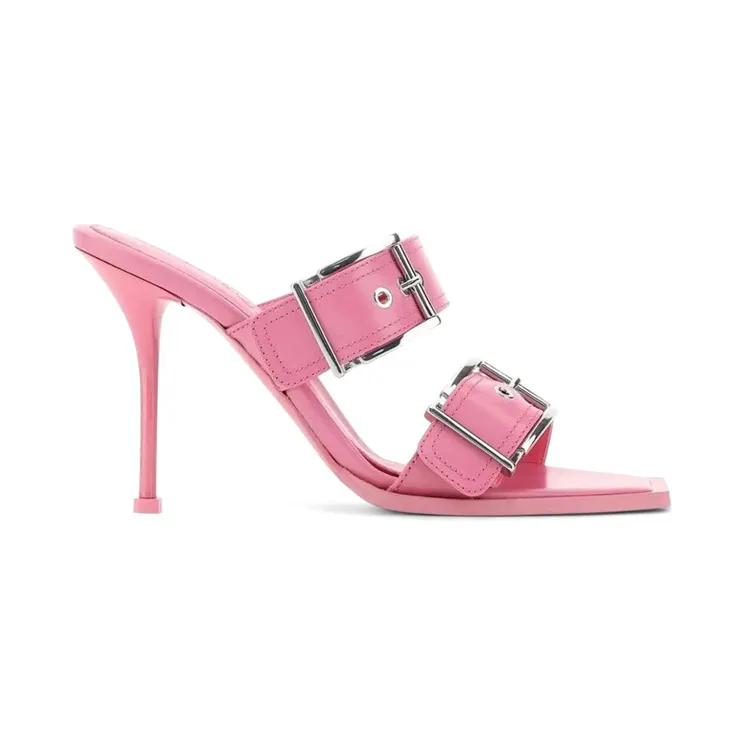 Alexander McQueen Buckles Leather Heel 10cm Sandals Pink (709990 WHSWD 5482)