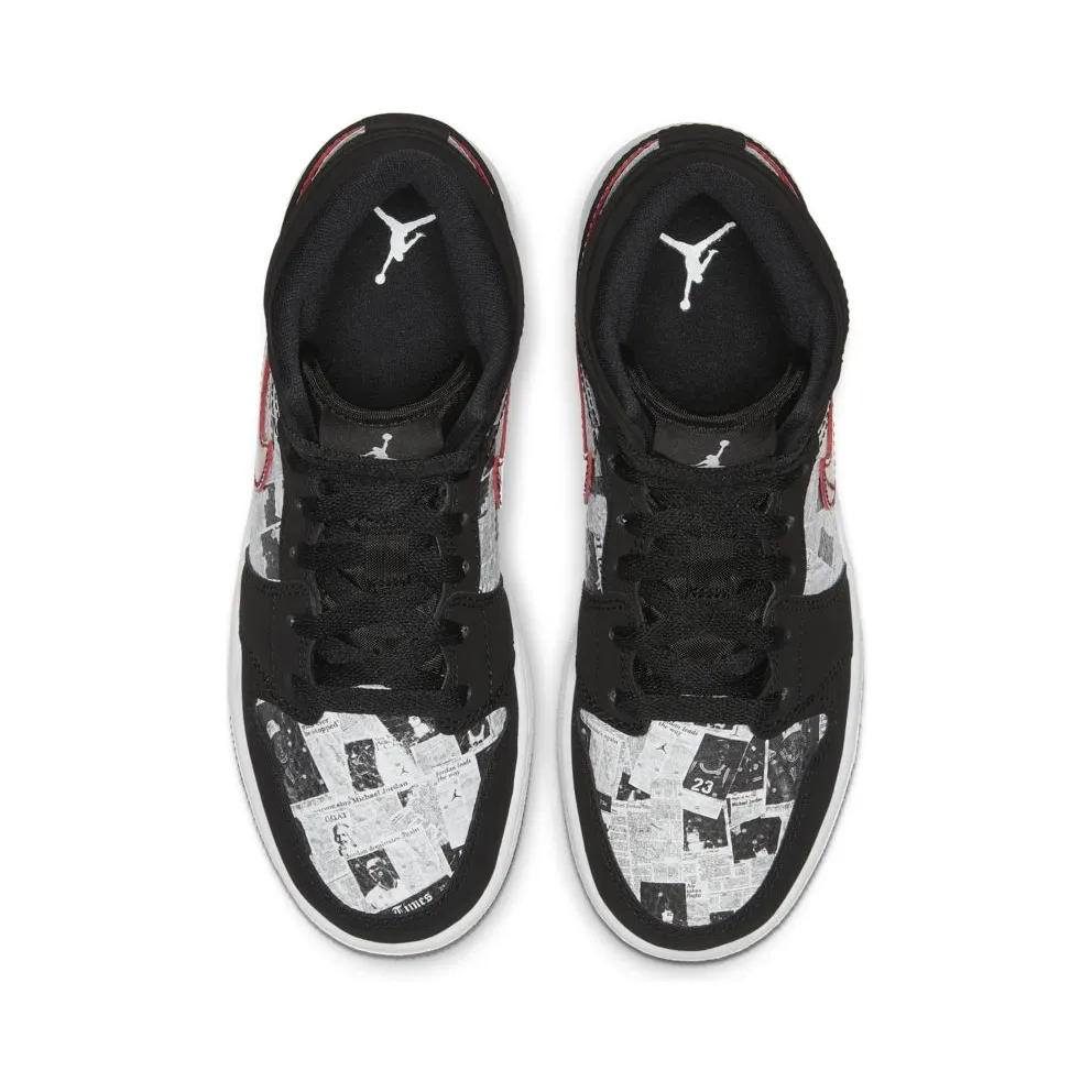 Jordan 1 Mid Newspaper Air Times (GS) Black/Gym Red-White (BQ6931-061)