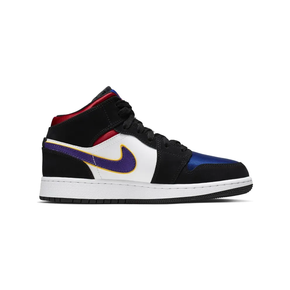 Jordan 1 Mid Lakers Top 3 (GS) Black/Field Purple-White-Gym Red-Rush Blue-Amarillo (BQ6931-005)