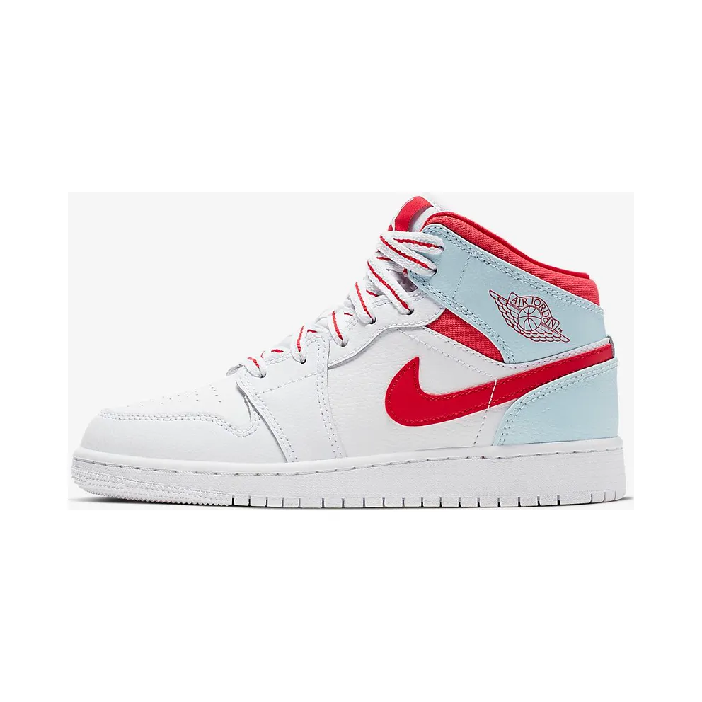 Jordan 1 Mid White Topaz Mist (GS) White/University Red-Topaz Mist-Ember Glow (555112-104)