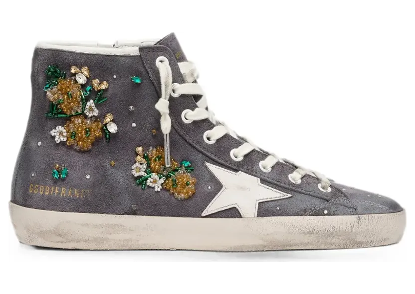 Golden Goose Francy suède bovenkant met kristallen en bloemen-kralen met geborduurde leren ster – Grijs (GWF00113F008547)